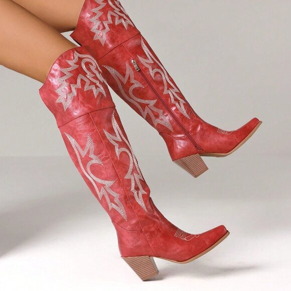 Red Women's Embroider Thigh High Western Cowboy country Chunky Heel Boots - Picture 4 of 5